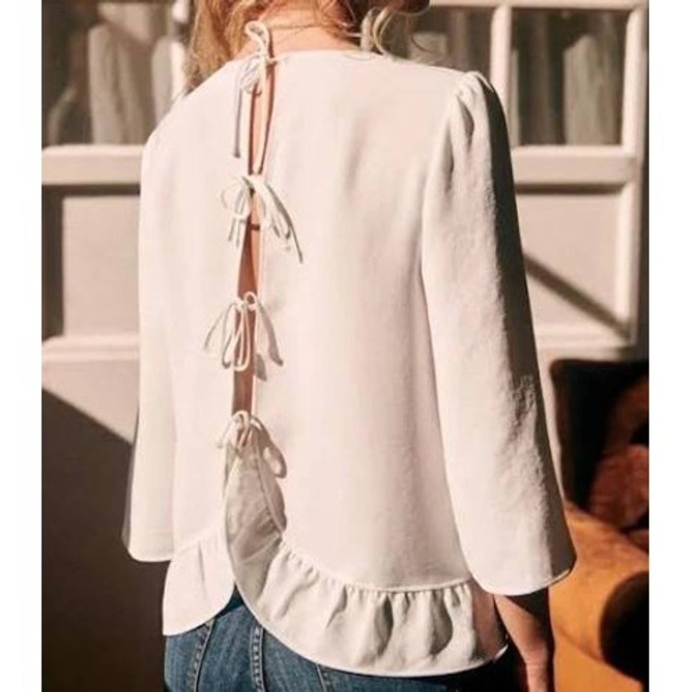 Sezane Debbie White Ruffle Hem Tie Back Blouse Top 36 US 4 Small Crepe